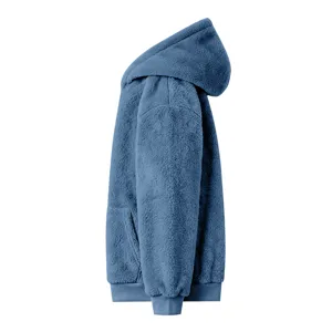 Side view detail of the blue coral fleece hooded sweatshirt showing plush texture and cuff.