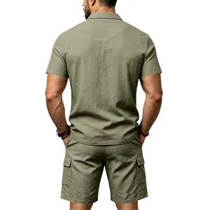 Herren Sommer Leinen Freizeit Kurzarm Polohemd und Cargo Shorts Set Detailansicht.