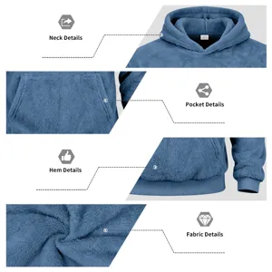 Close-up details of men's blue fleece hooded sweatshirt showing plush fabric and pocket features.
