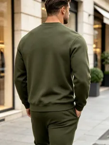 Men's olive green crewneck sweatshirt and sweatpants set, casual minimalist style for autumn.