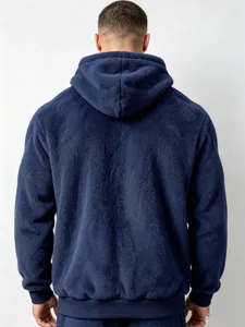 Men cozy fleece hooded sweatshirt back view winter warm navy pullover streetwear detail shot