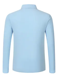 Back view detail of casual light blue long sleeve shirt, premium cotton blend fabric.