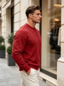 Men's solid red crewneck sweatshirt, casual pullover for autumn winter daily wear.