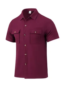 Heren Wafelbreisel Korte Mouw Shirt Button Down met dubbele borstzakken casual effen kleur
