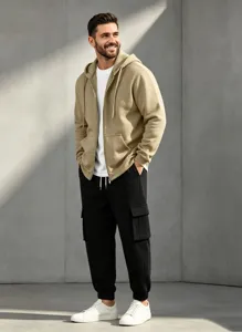 Detailed view of the stylish mens fleece lined zip up hoodie and cargo sweatpants set.