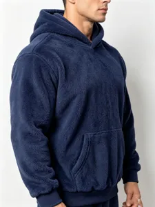 Men's dark blue coral fleece hooded sweatshirt, soft double-sided winter pullover top detail.