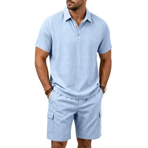 Herren Sommer Leinen Freizeit Polohemd und Cargo Shorts Set für Strand und Outdoor.