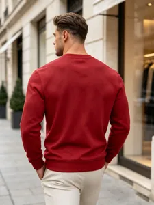 Detailed view of the stylish red crewneck sweatshirt highlighting comfortable back fit.