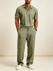 Men's olive green linen short sleeve polo shirt and matching casual trousers detail view.
