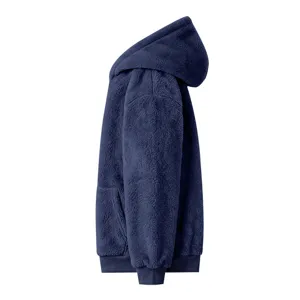 Men winter coral fleece hooded sweatshirt casual navy blue pullover warm fleece top