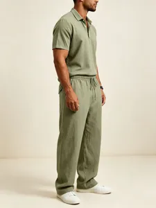 Men's casual linen short sleeve polo shirt and loose long pants summer outfit new style.