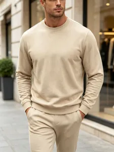 Men's casual khaki crewneck sweatshirt and pants set detail view for daily wear.