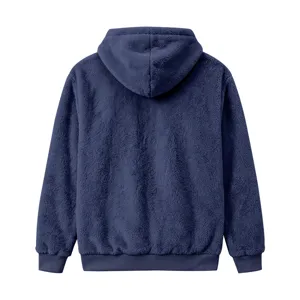 Detailed back view of a dark blue fleece hooded sweatshirt showing soft fuzzy texture.