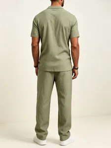 Men's casual linen short sleeve shirt and long pants set back view showing relaxed fit style.