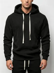 Men's black fleece hoodie detail view, casual long sleeve sweatshirt with cozy warm fabric.