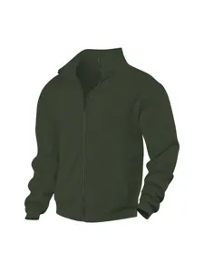 Dark green full-zip stand collar jacket, textured knit fabric, ribbed cuffs and hem.