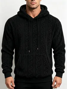 Men's black cable knit teddy fleece hooded sweatshirt casual streetwear autumn winter