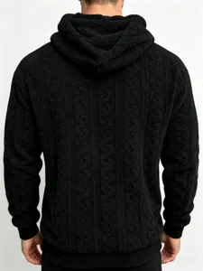 Men's black teddy fleece hoodie with cable knit pattern, casual streetwear for autumn and winter.