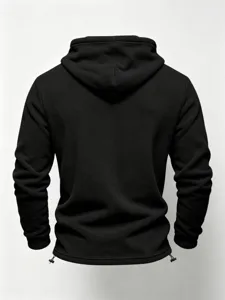 Men's casual black fleece hoodie back view, warm long sleeve hooded sweatshirt for winter.