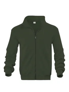 Men's solid color ribbed stand collar full zip jacket casual outerwear winter dark green