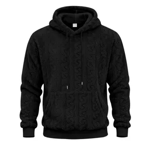 Men black teddy fleece hoodie, cable knit textured pullover sweatshirt with hood and pocket.