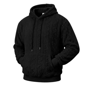 Mens black fleece teddy hoodie with cable knit pattern streetwear casual winter top