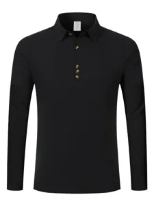 Detailed view of the black long sleeve polo shirt featuring a classic lapel and button placket.