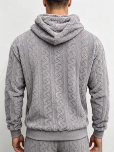 Back detail of men grey fleece textured cable knit hoodie with cozy fuzzy fabric.