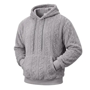Detailed view of men grey fleece jacquard hoodie with drawstring and cozy pocket design.