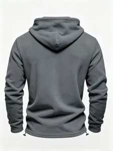 Men's casual grey fleece hooded sweatshirt back view detail, soft warm fabric texture