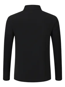 Back view detail of casual solid black long sleeve men shirt business style top apparel.