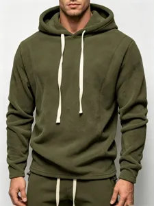 Men's olive green fleece hoodie detailed view, cozy winter casual sweatshirt top.