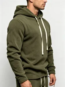 Men's army green fleece hoodie detail, cozy warm casual long sleeve hooded sweatshirt.