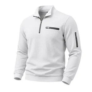 Men's white waffle knit quarter-zip sweatshirt with chest and sleeve zipper pockets.