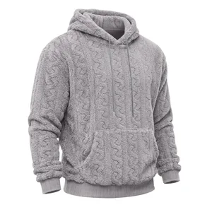 Men's grey teddy fleece hooded sweatshirt with cable knit texture, casual streetwear.