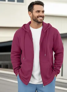 Felpa con cappuccio e zip da uomo dettaglio con tasca a marsupio e coulisse regolabile.