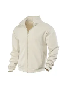 Men casual stand collar zip up ribbed jacket product detail view showing quality.