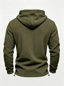 Detailed view of the back of a green fleece hoodie, showing texture, hood, and drawstrings.