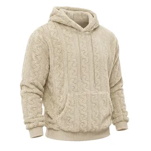Close up view of men cable knit teddy fleece hoodie texture, cozy winter sweatshirt detail.