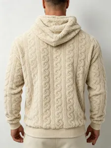 Back detail view of men's beige fleece cable knit hoodie showing cozy teddy texture.