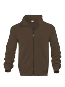 Detail shot of brown stand-up collar zip jacket, premium polyester fabric and ribbed hem.