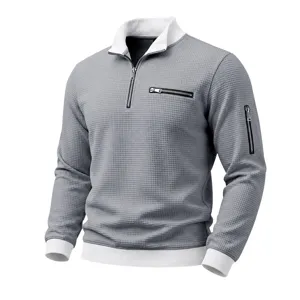 Men's waffle quarter zip sweatshirt casual stand collar long sleeve pullover top