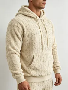 Men's beige sherpa fleece cable knit hoodie detail view, showing cozy texture and drawstring.