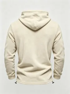 Detailed back view of men's beige fleece hoodie, featuring cozy long sleeves and hem drawstrings.