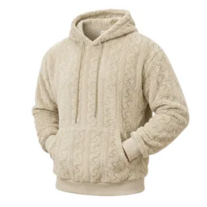 Detail view of mens beige fleece hoodie teddy shearling fabric cable knit texture kangaroo pocket