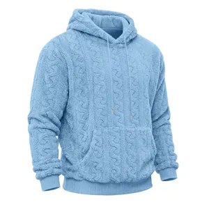 Men's light blue fleece hoodie with cable knit texture, cozy sherpa pullover with cozy hood.