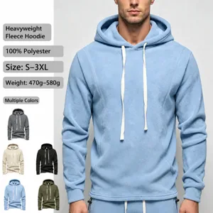 Men's Casual Polar Fleece Thickened Long Sleeve Hooded Sweatshirt Winter Solid Color Loose Pullover Hoodie