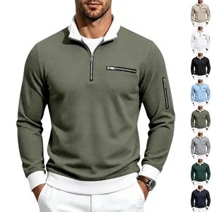 Men's Casual Stand Collar Waffle Sweatshirt Long Sleeve Zipper Top Loose Fit Autumn Fashion Apparel
