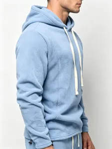 Men's casual light blue fleece hoodie warm long sleeve winter sweatshirt top for men