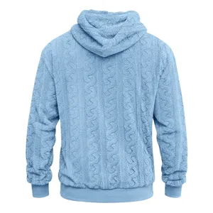 Men's light blue fuzzy fleece hoodie with cable knit texture, back view detail cozy wear.